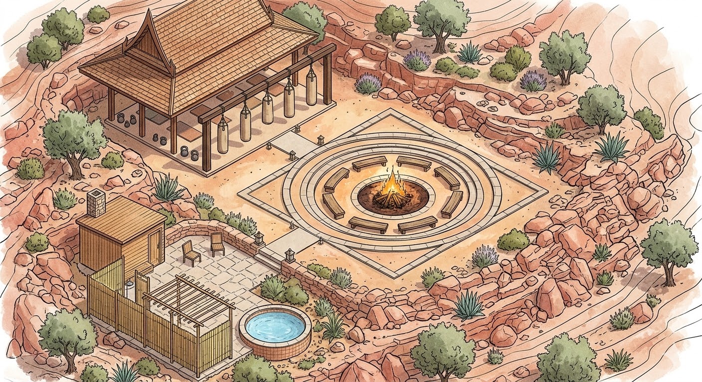 Fire zone — a warm, structured training space designed for martial practice, challenge, and communal gathering around flame