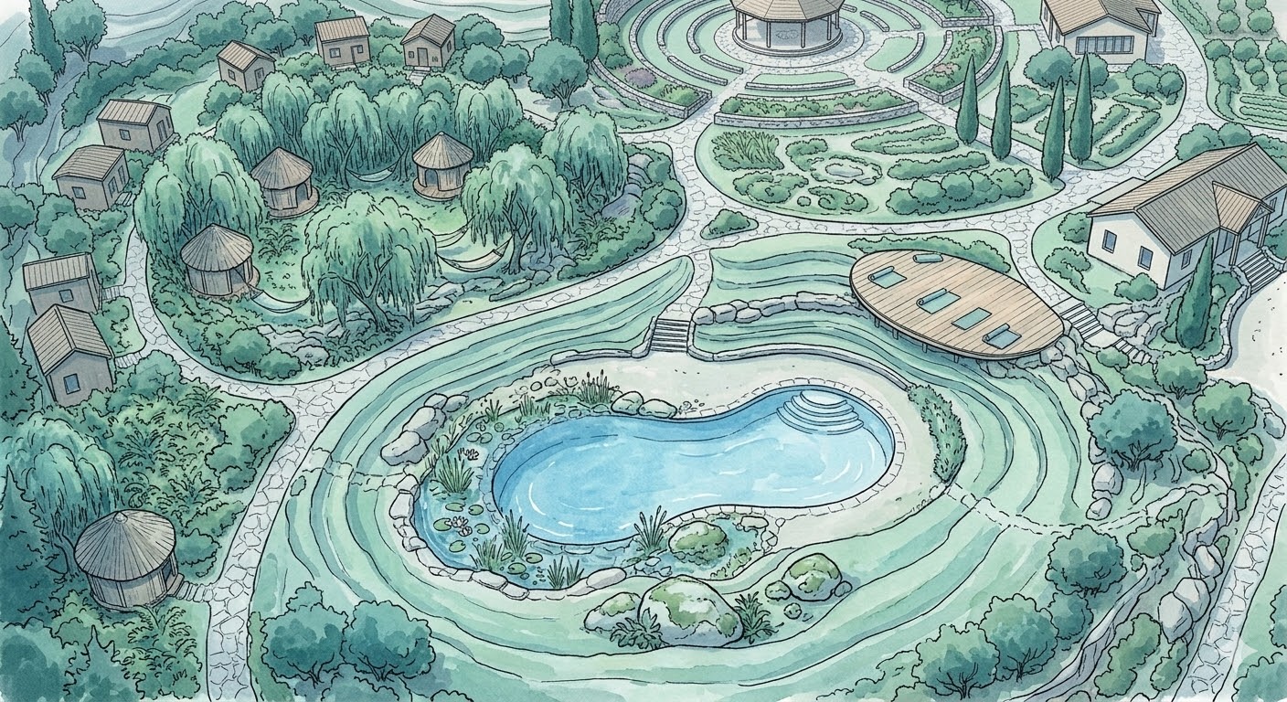 Water zone — natural pools and flowing water features designed for restoration, stillness, and emotional processing